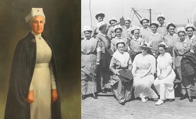 Jane Delano wearing a nursing uniform and cap with the red cross on it on the left. On the right, a group of Red Cross volunteers pose together