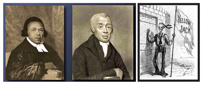 Absalom Jones and Richard Allen have their portraits on the left, and then there is a picture of a police officer knocking on someone's door