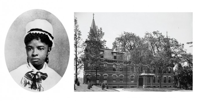 Mary Mahoney on the left in a dress and cap. On the right, a picture of a large house