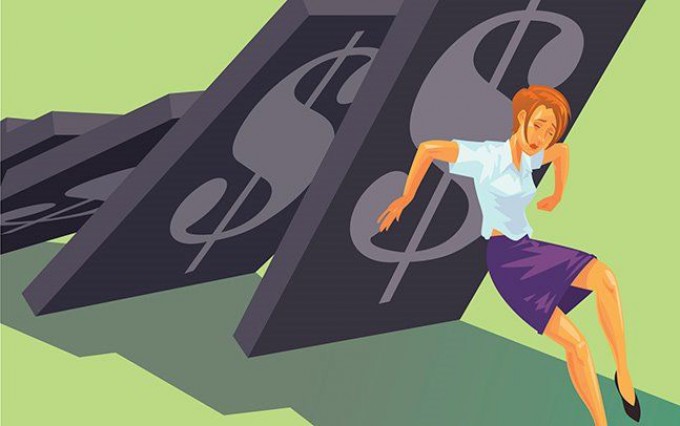 Illustration of a woman holding up dominoes with dollars signs on them