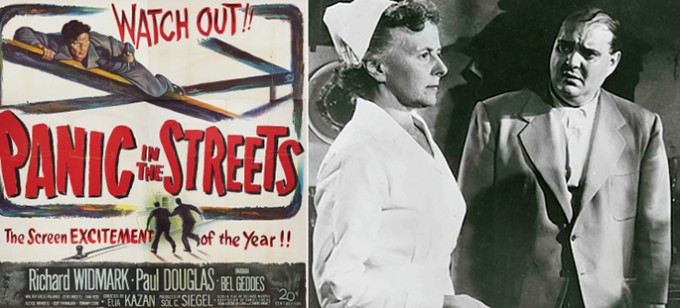 Panic in the Streets movie poster with a nurse in white scrubs talking to Clinton Reed on the right