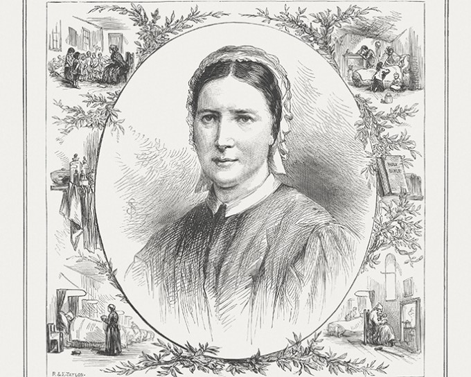 Illustration of Agnes Jones portrait in the center, with images of different urban and rural scenery around her