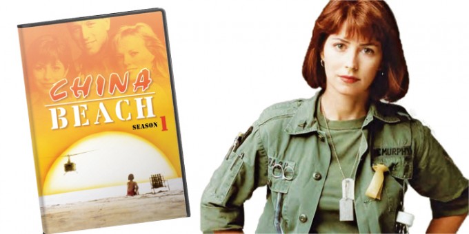 Colleen McMurphy stands in green Army uniform next to a DVD copy of China Beach