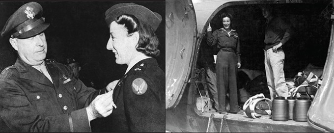 Elsie Ott on the left is being pinned while wearing a military uniform. On the right she is in uniform standing with equipment