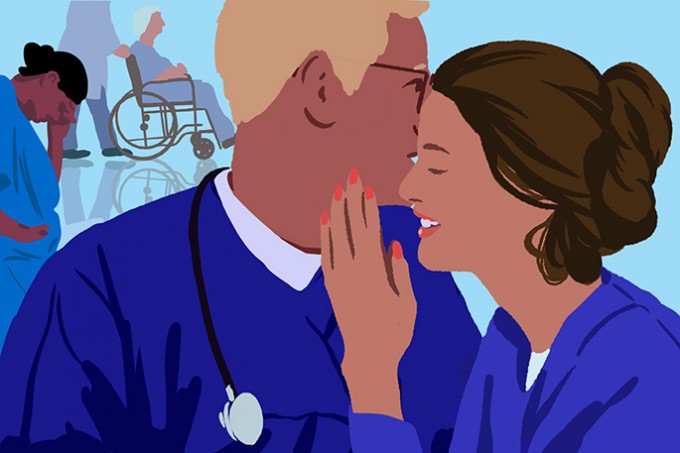 An illustration of one male nurse in scrubs is whispering to a female nurse and she is laughing