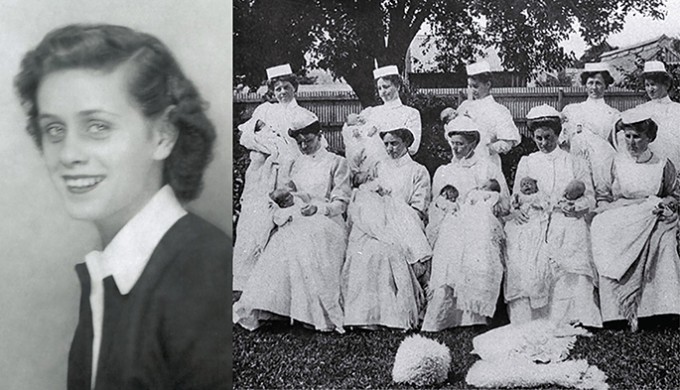 Picture of Grace Neill smiling on the left, and a group of women in white gowns posing together on the right