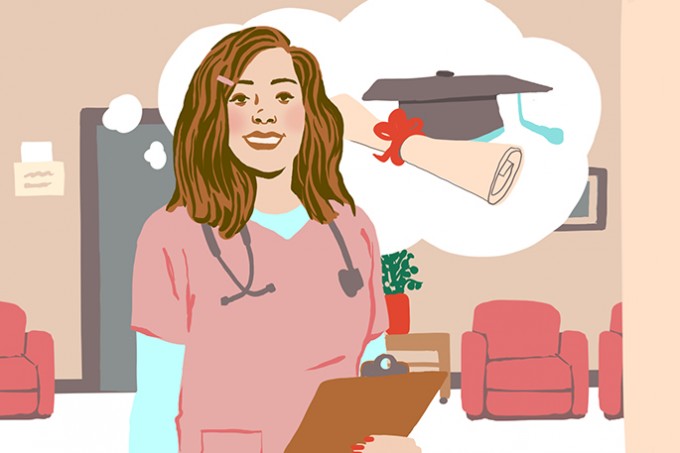 Illustration of a nurse in scrubs smiling while holding a clipboard and thinking of graduating from school