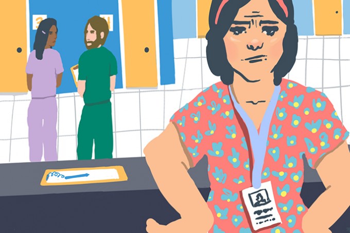 Illustration of a nurse in scrubs looking sad while two nurses in the background are gossiping