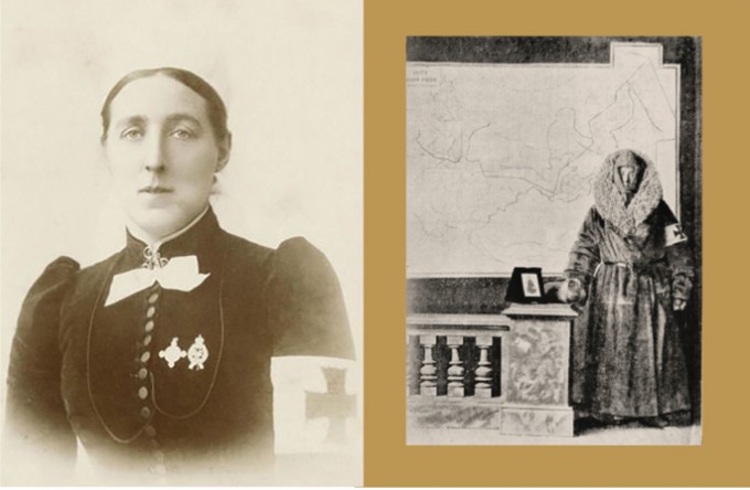 Nurse Kate Marsden on the left in a button up. On the right, she is covered in a head piece and with a long gown on in Siberia
