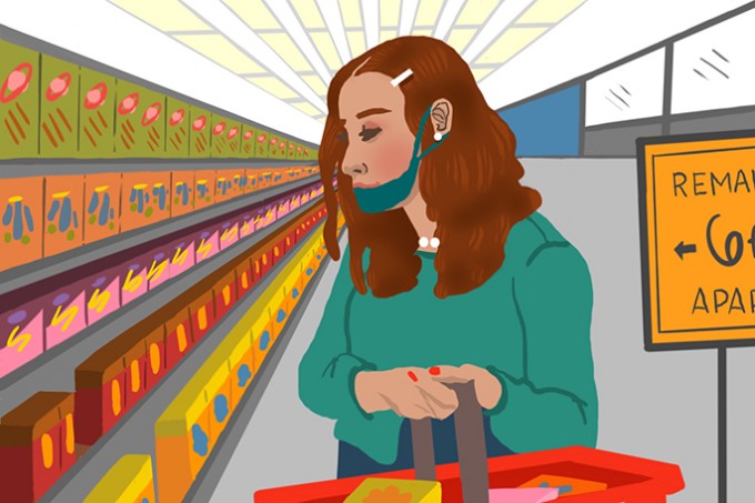 Illustration of a woman shopping at the grocery store while improperly wearing a mask just covering her mouth