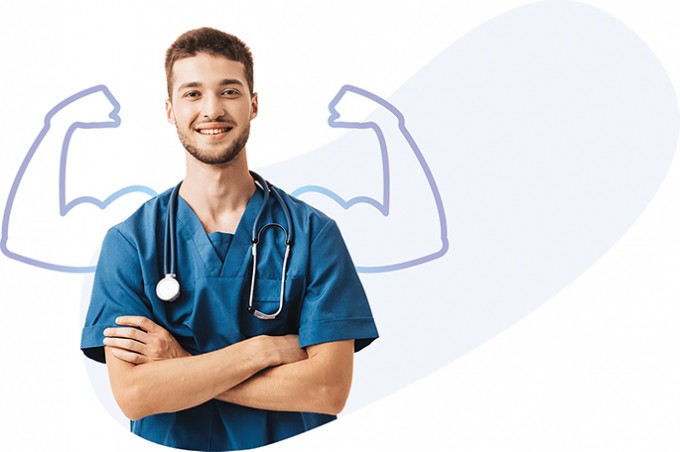 A male nurse is standing smiling, with a silhouette of flexing arms behind him. He is wearing scrubs and a stethoscope around his neck