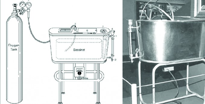 An illustration of the electrical bassinet on the left, and the stainless steel picture of one on the right