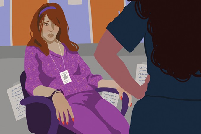 Illustration of a nurse in scrubs sitting on a swivel chair while another nurse stands looking at her with arms on her hips