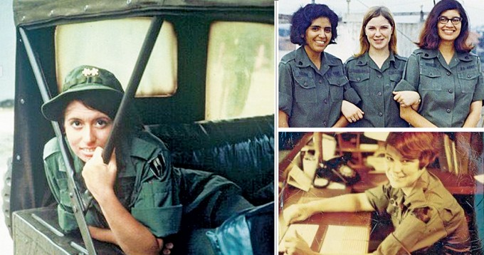 Three photos of nurses in wartime. One is looking out of a vehicle, with a uniform and helmet on, the next is three nurses smiling in military uniforms, the third is a nurse smiling at a desk.