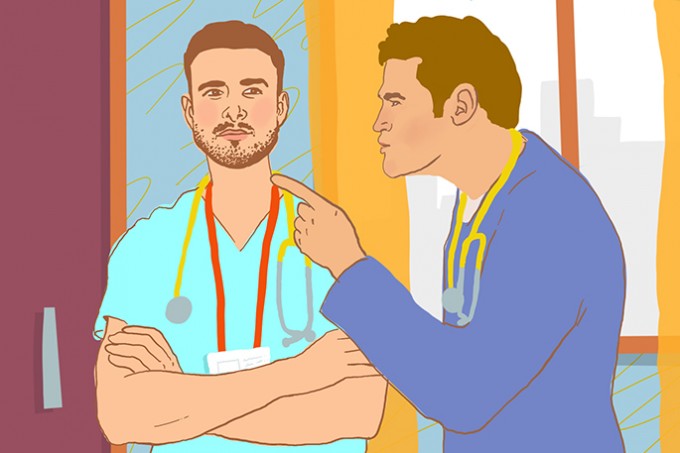 Illustration of manager pointing finger at a nurse standing next to him in scrubs and with stethoscope