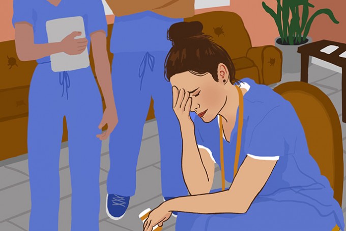 Illustration of a nurse in scrubs surrounded by other nurses in scrubs. The nurse in the front is sitting with her head in her hand, looking exhausted.