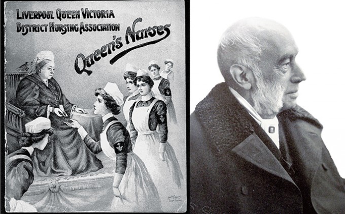 An advertisement for the Queen's nurses on the left, and a picture of William Rathbone on the right