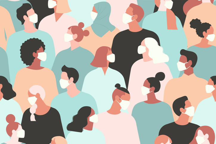 Illustration of a myriad of people in different colored shirts wearing masks and looking around