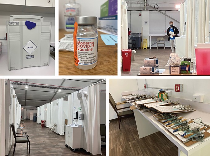 Five pictures show different aspects of the vaccination clinic. The vaccine vial, the rows of patient rooms, and the trays set up with needles.
