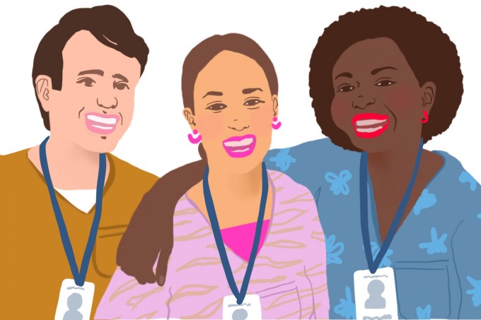 Illustration of three nurses in scrubs smiling and wrapping their arms around one another