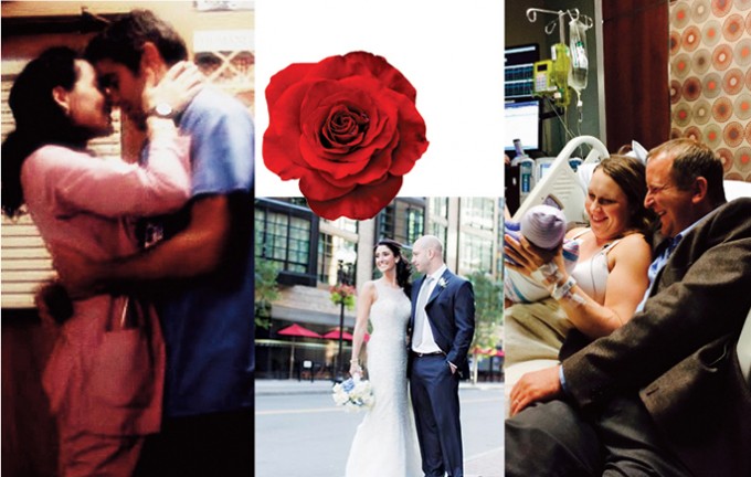 On the left, a photo of the characters from ER holding each other, the middle is on a couple getting married with a rose on top of the photo, and the third is a couple sitting in a hospital bed holding each other
