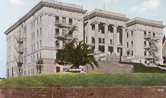 The Columbia building in Los Angeles - an old beige building with columns