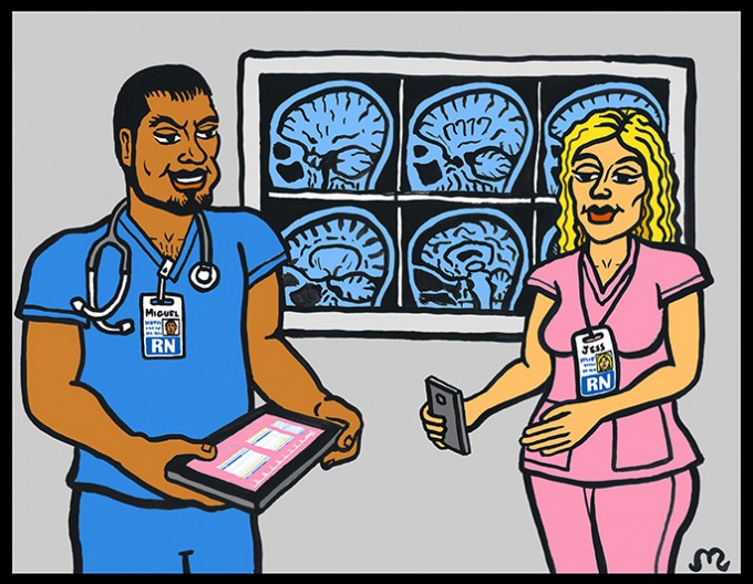 Two nurses in scrubs standing in front of brain X-rays. One nurse is on her phone while the other is trying to talk to her.