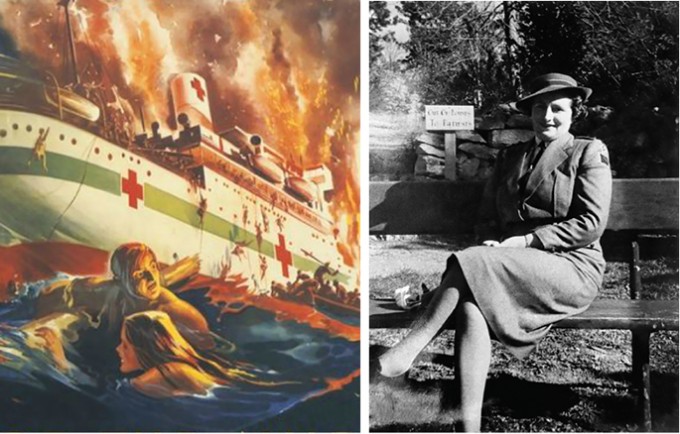 Illustration of the Centaur hospital ship sinking with people swimming around it. On the right, there is a photo of Ellen Savage in a dress and cap smiling
