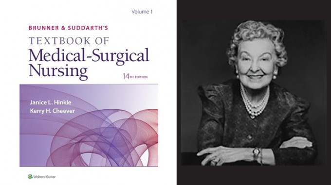 The Medical-Surgical Nursing textbook cover on the left, and a photo of Lillian Bruner smiling on the right