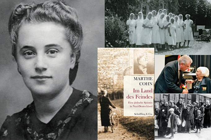 Picture of registered nurse Marthe Cohn on the left, the cover of the book in the center, and then a few photos of clips of the movie on the right