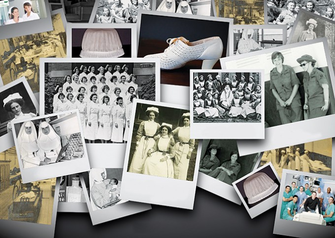 Different polaroid photos sit on top of each other depicting nurses in different uniforms, shows, and caps