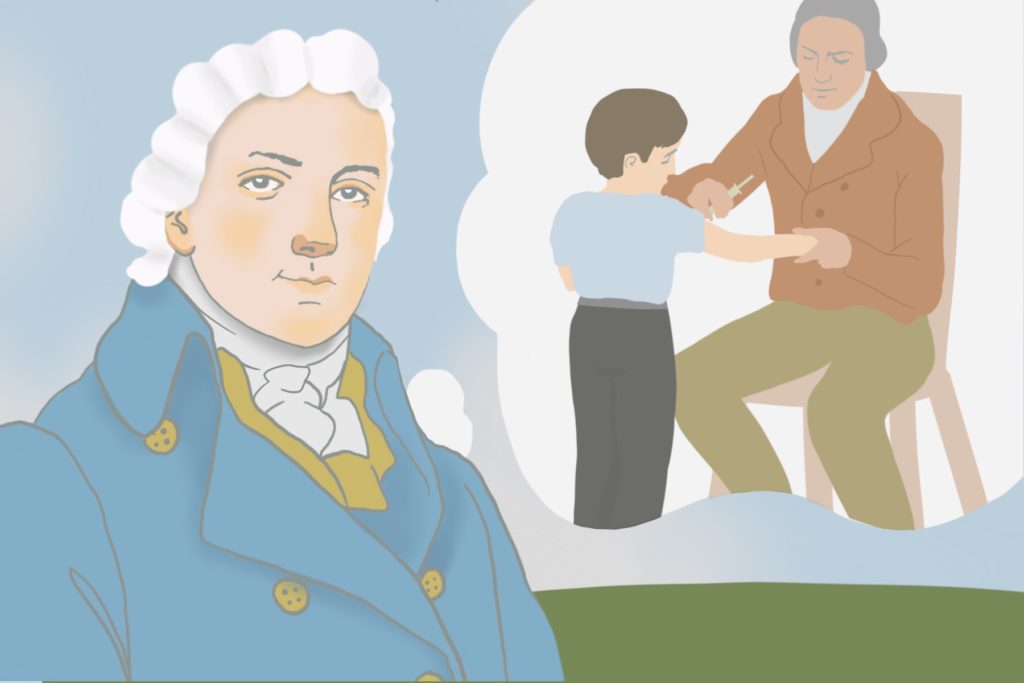 Edward Jenner is smiling and thinking about immunizing his son
