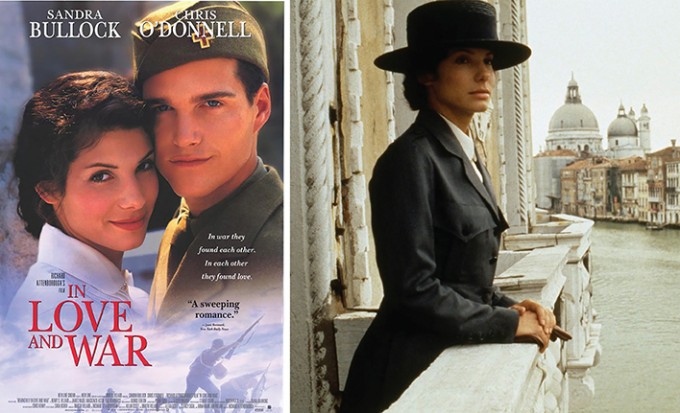 On the left is the movie poster for Love And War and on the right is a photo of the female lead dressed in black looking out over a balcony