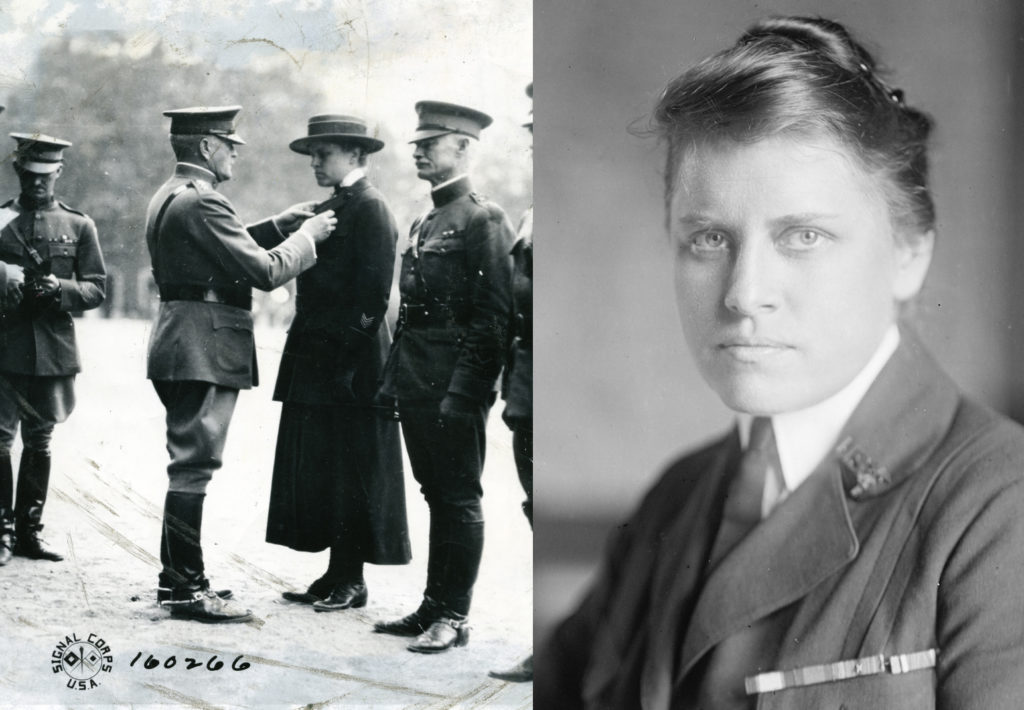 Julia Stimson in uniform with officers around her and on the right a photo of her straight-faced in a uniform