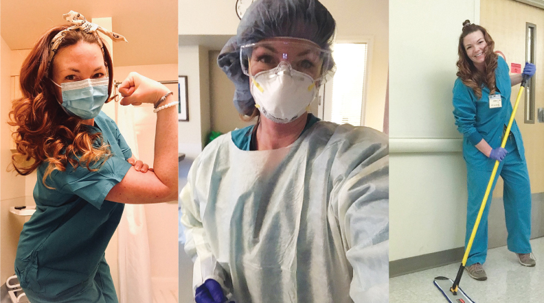 Three nurses shown in different ways - the first is flexing in scrubs, the second is in full PPE, the third is mopping the floor in scrubs