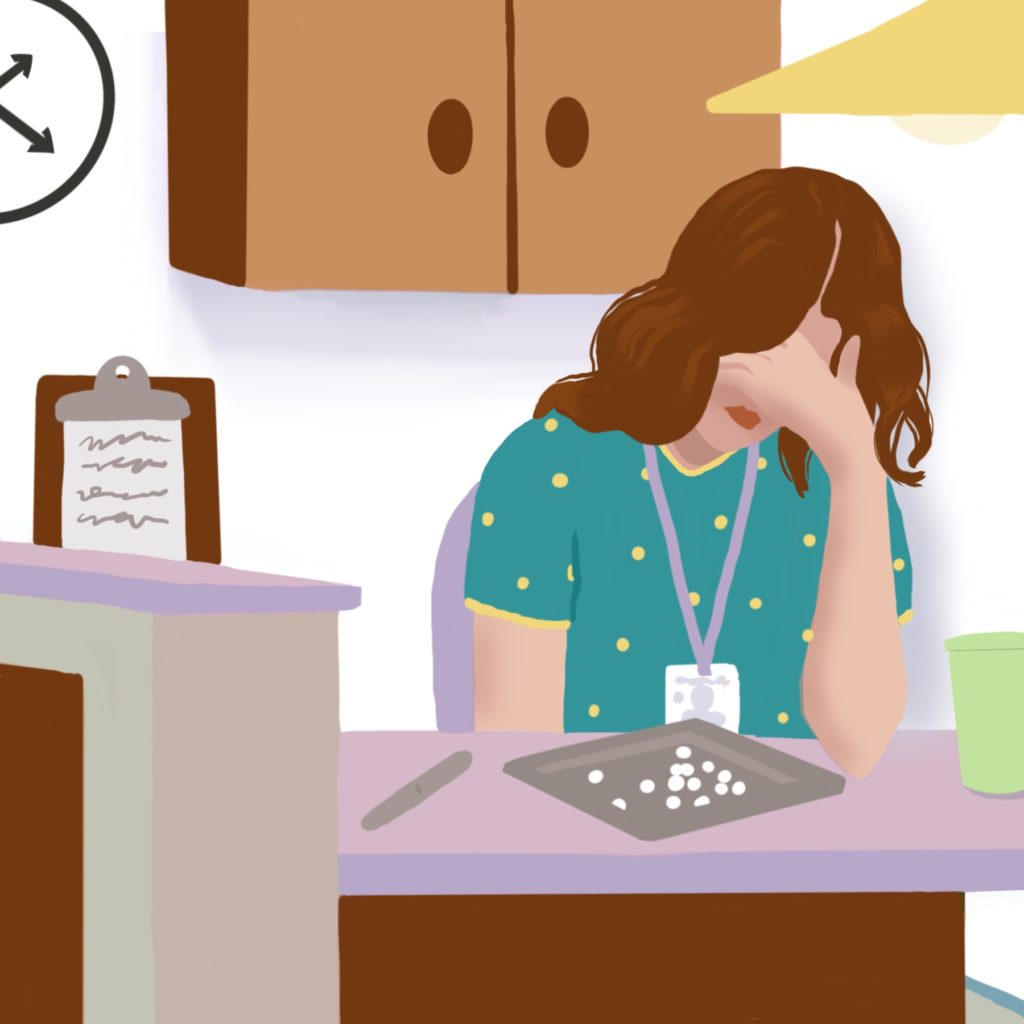 Illustration of a nurse covering her eyes and leaning on her elbow while there is a tray of narcotics in front of her on the counter