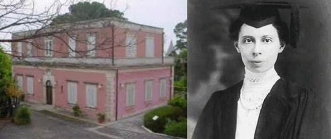A picture of a pink building on the left and a photo of Christiane Reimann on the right
