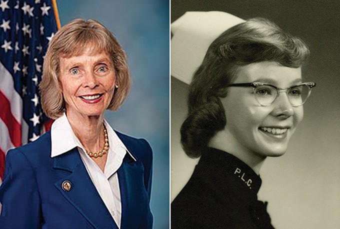 Lois Capps as a House Representative on the left, in front of an American flag. On the right, with a nursing cap on, she is smiling away from the camera