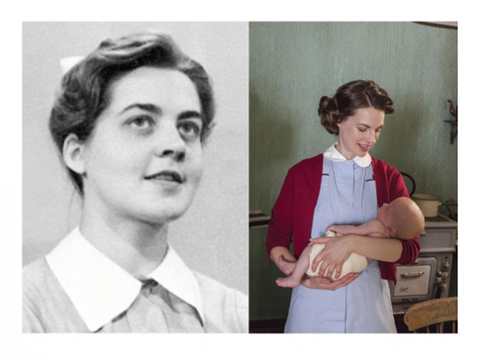 On the left is Jennifer Worth in a nurse's uniform and hat looking up, on the right is a nurse holding a baby in Call the Midwife