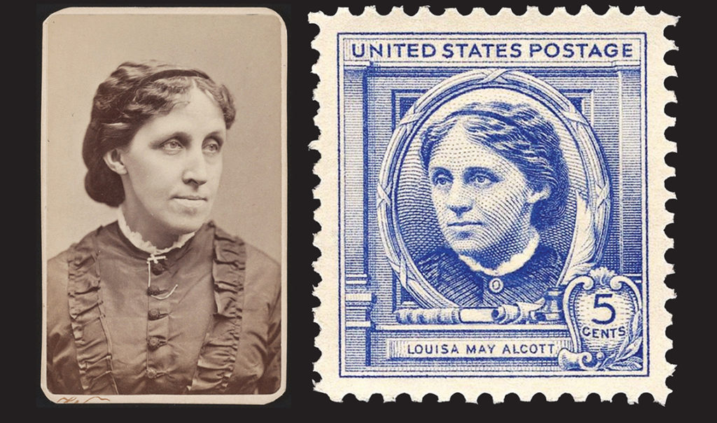 Louisa May Alcott on the left smiling in uniform, and on the right she is on a USA stamp