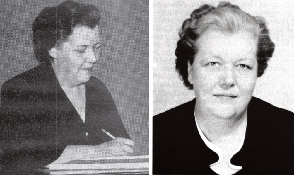 Florence McQuillen on the left is signing a document, and on the right is smiling towards the camera