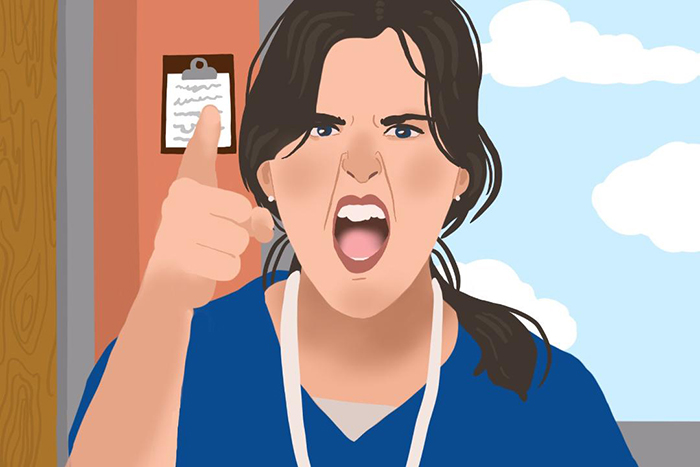 A Nurse in scrubs yelling with a finger pointed