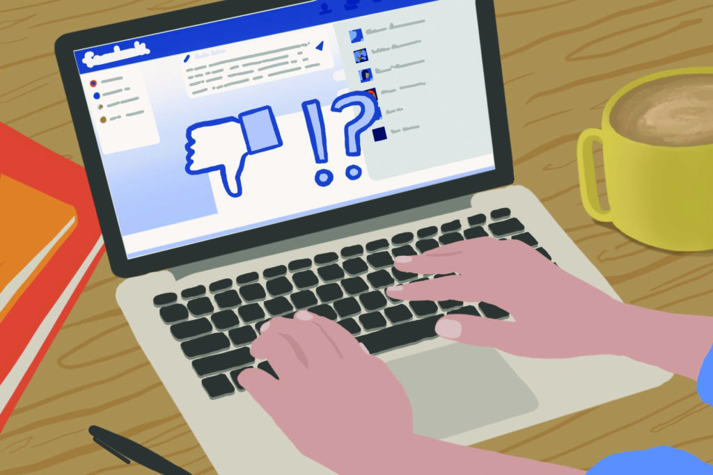Illustration of someone typing on a computer that has Facebook on it with a giant like button
