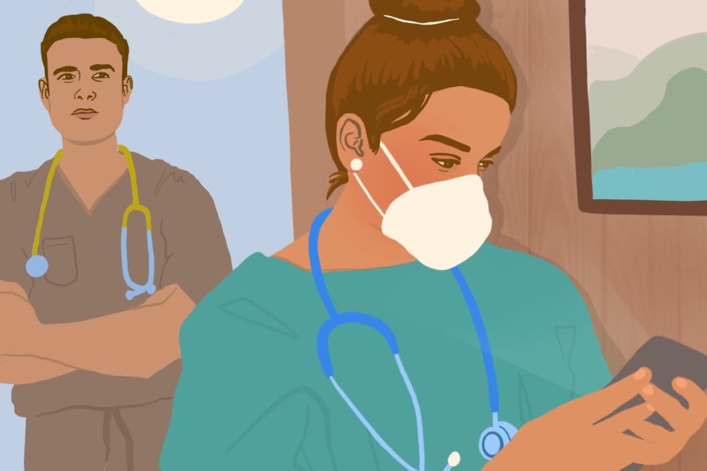 Illustration of a nurse in the background crossing arms and lips pursed at a nurse in foreground on her phone