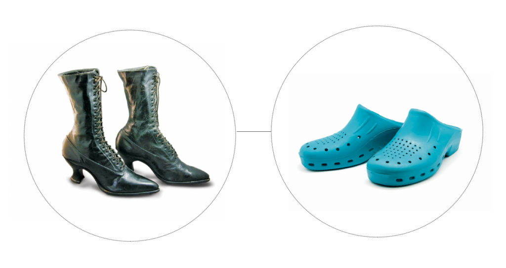 Black, heeled calf length boots are on the left and teal clogs are on the right. The background is white