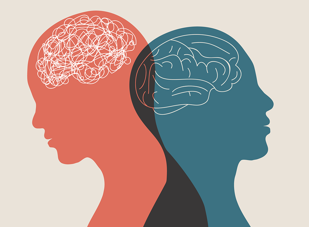 Two silhouettes of people's heads looking away from each other, with both of their brains in white