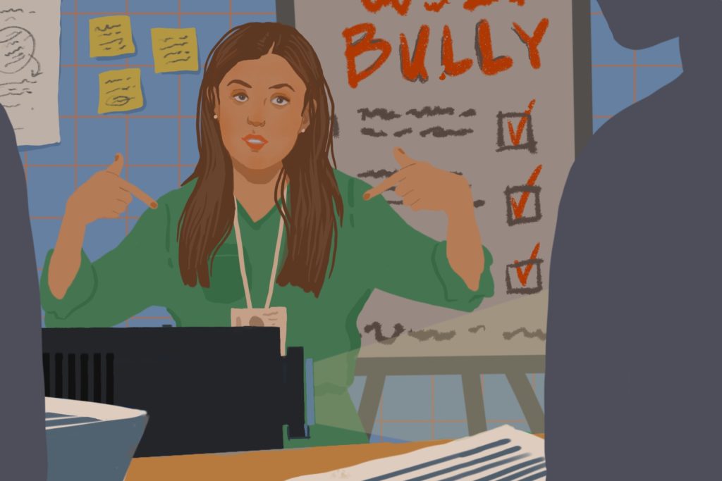 Ilustration of a nurse wearing green and pointing to herself while there is a podium behind her that says "bully" on it