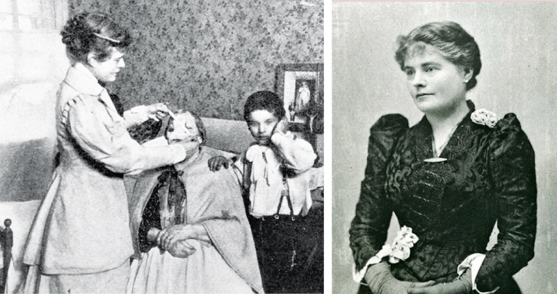 Rose Hawthorne Lathrop on the left is treating a patient in their home, and on the right is a picture of her sitting with a dress on and hair curled.