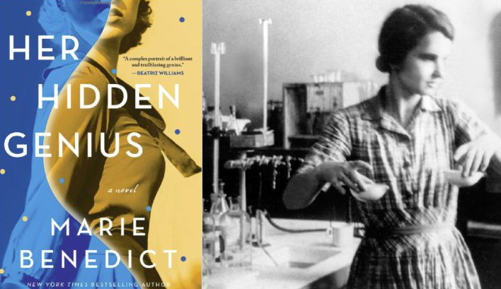 Book cover of Her Hidden Genius next to Marie Benedict holding tea cups in a dining room