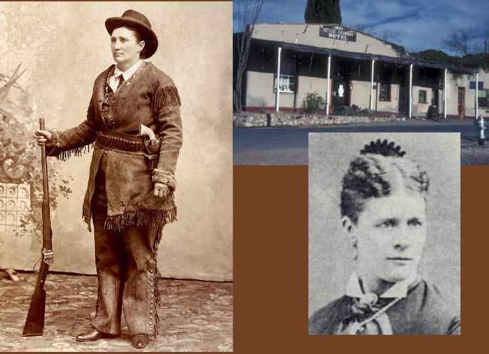 Martha “Calamity Jane” Cannary Burk poses holding the barrel of a gun with the butt resting on the ground next to her head shot